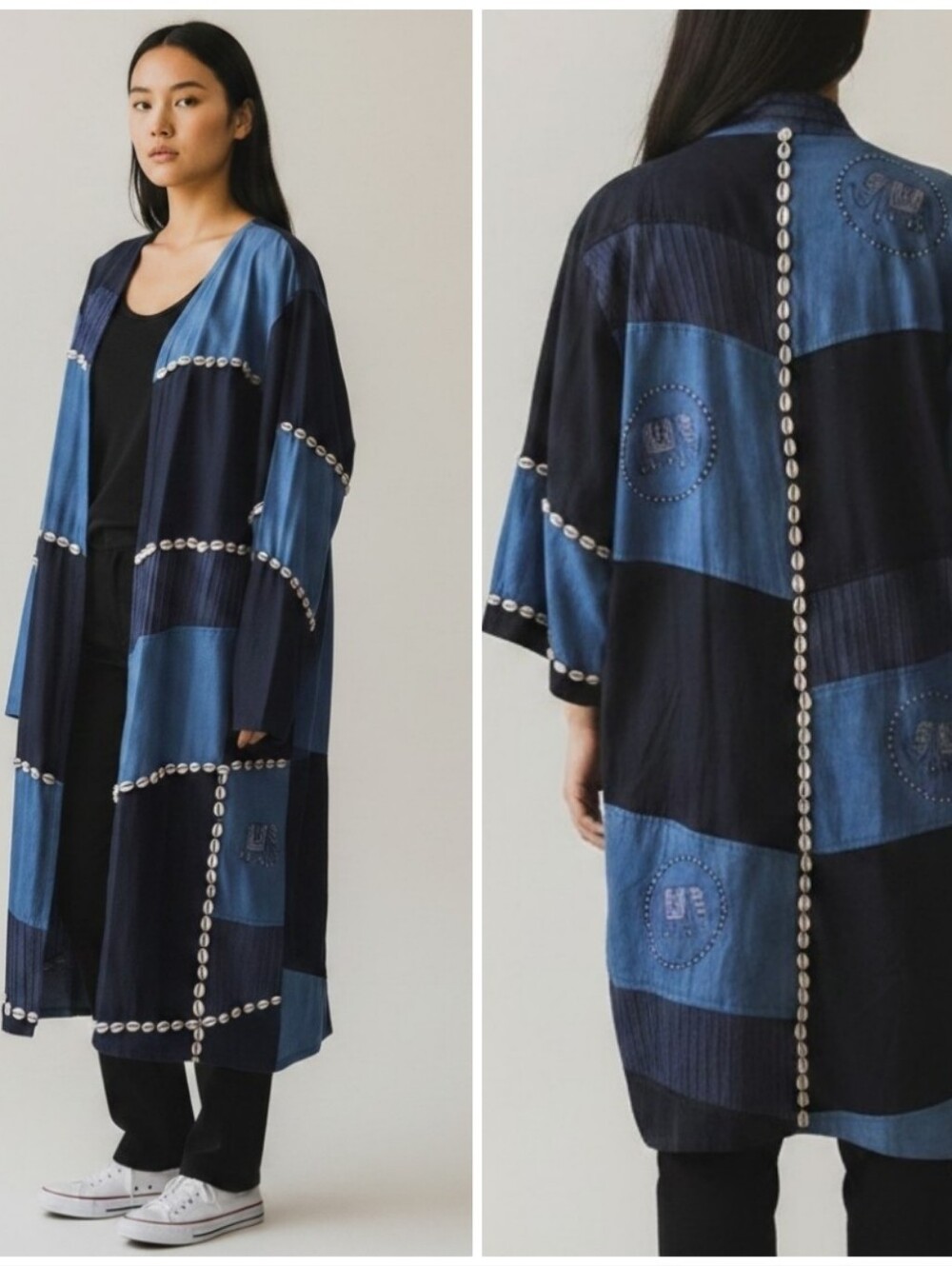 Vintage Boho Denim Seashells Patchwork Longline Jacket OS Festival